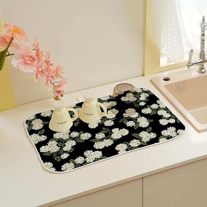 Black Dish Drying Mat 18x24 Inch Green Vintage Floral Hydrangea Flower Drying - Image 6