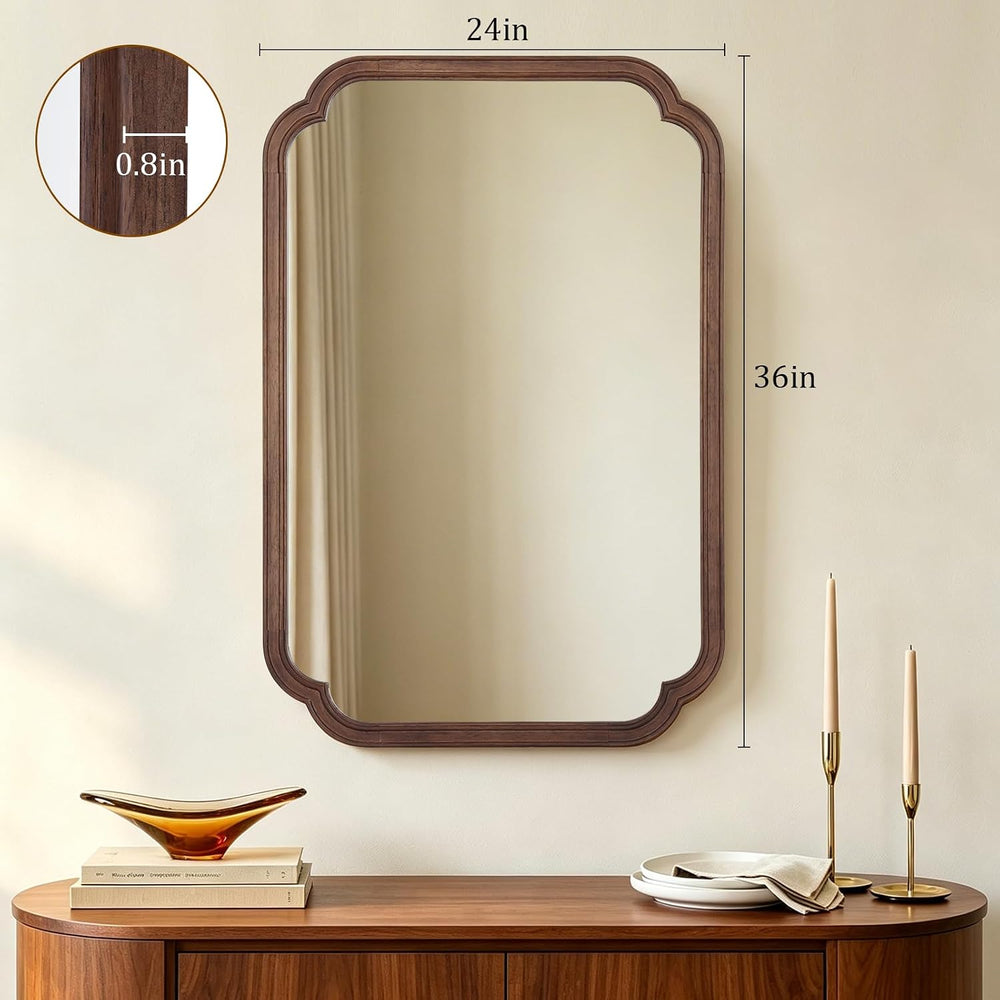 Wood Bathroom Mirror for Wall Decor Arched Rounded Corner Rustic Wood Frame W...