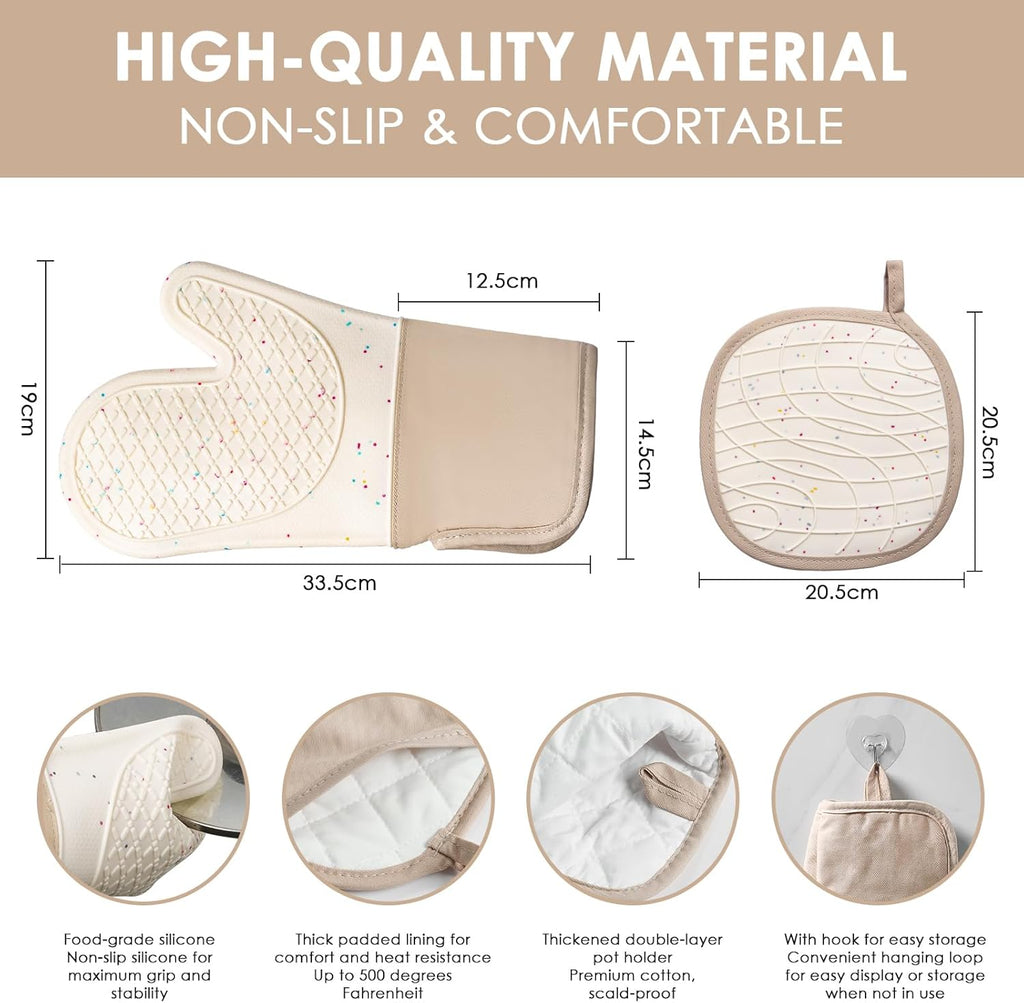 7 PCS Kitchen Oven Mitts and Pot Holders Cooking Mittens Heat Resistant 500°F Silicone Oven Mitts Soft Cotton Lining Non-Slip Oven Mittens for Kitchen Baking BBQ Cooking with Hook Up Oil Brush(Cream)