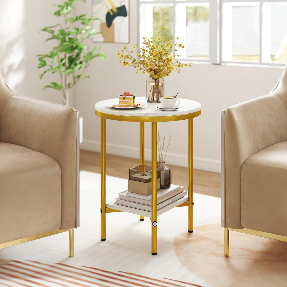 Giantex Round Side Table Set of 2, 2-Tier Faux Marble Bedside Night Stand w/M...