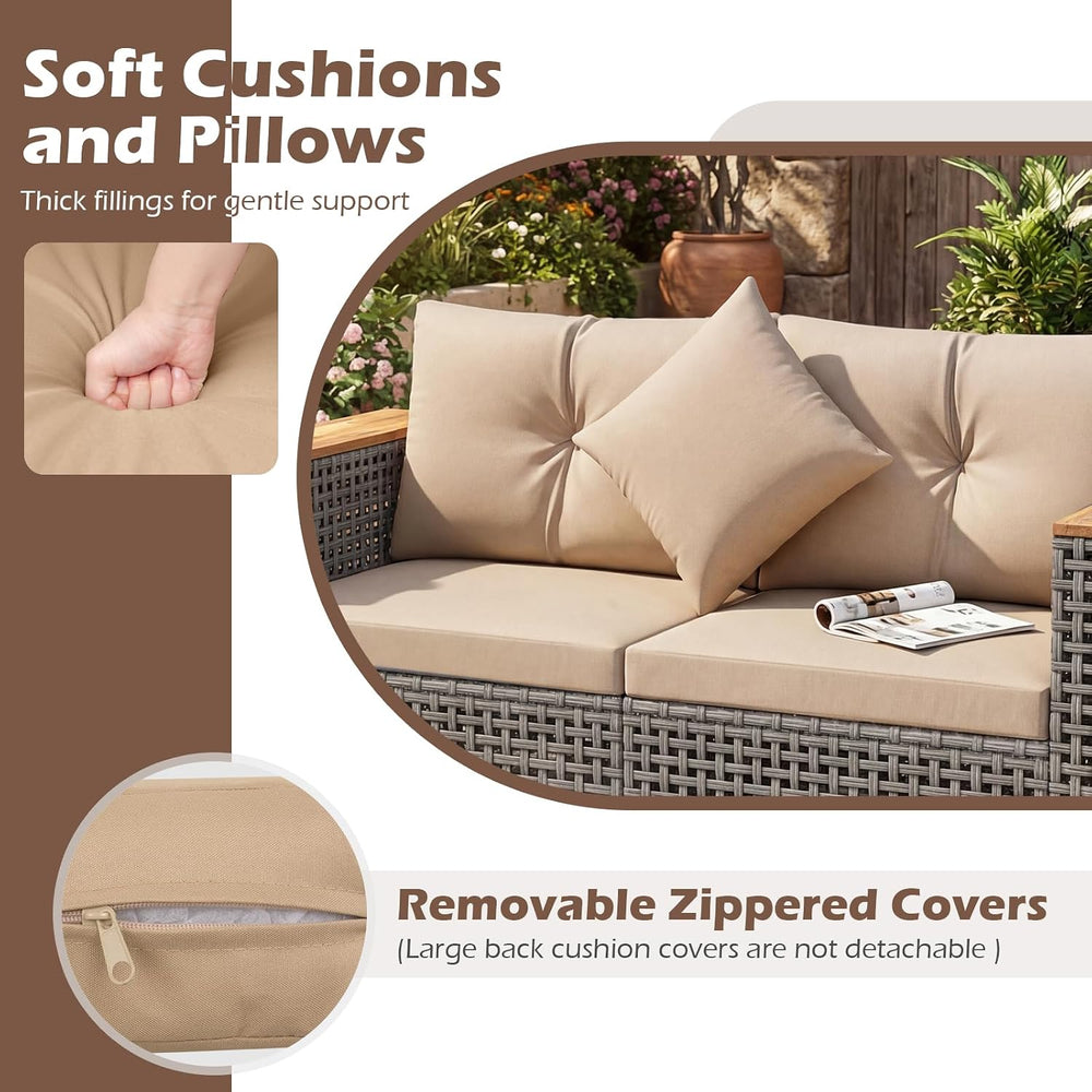 Tangkula 62.5" Patio Wicker Loveseat with Acacia Wood Armrest & Cup ...