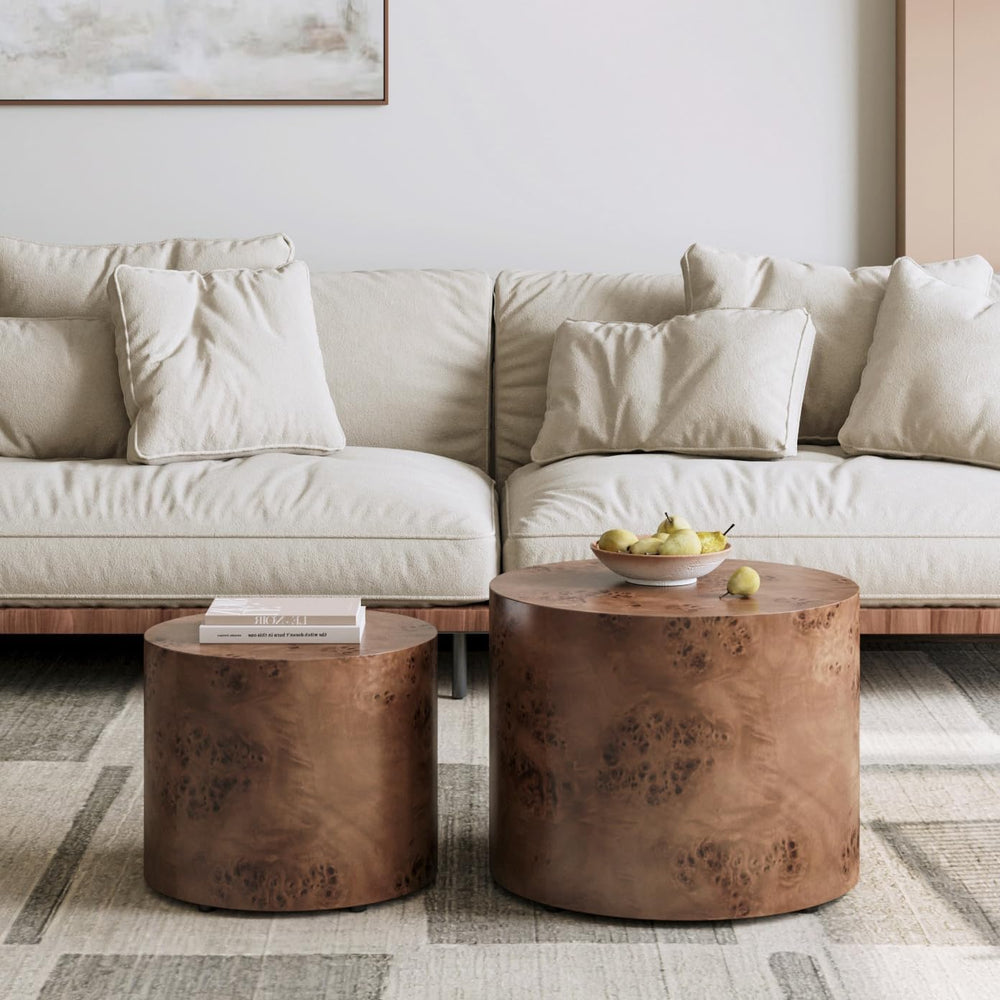 Nesting Coffee Table Set of 2, Round Burl Wood Living Room Decor | Set of 2, ...