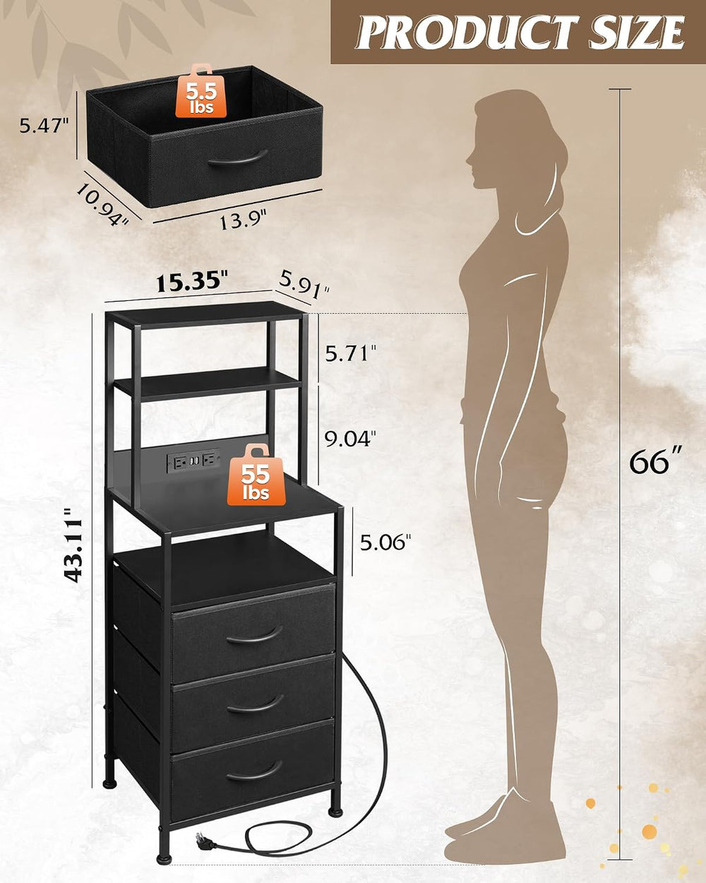 WLIVE Tall Nightstand with Charging Station, LED Night Stand with 3 Fabric Dr...