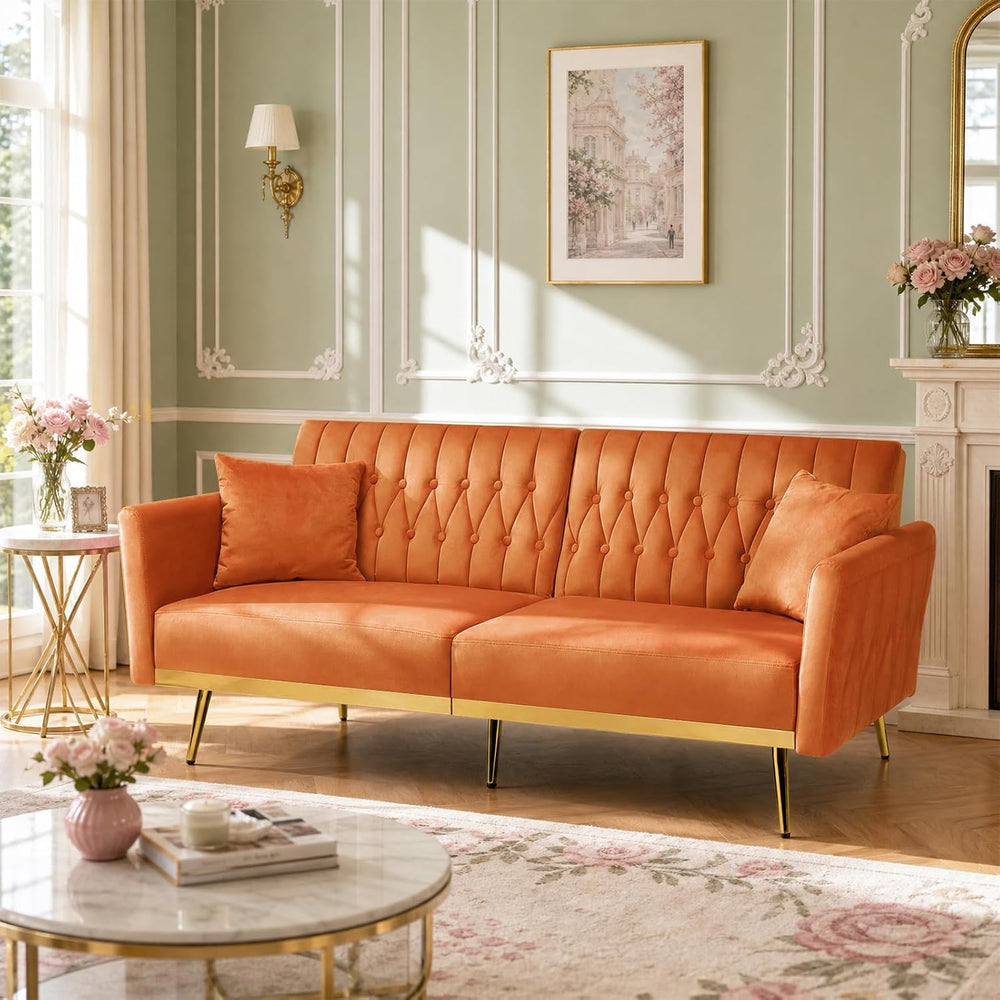 70” Velvet Futon Sofa Bed w/Adjustable Armrests, Orange