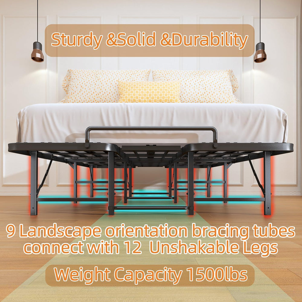 Foldable Queen Bed Frame, Heavy Duty Folding Bed Frame Queen Size,14 Inch Stu...