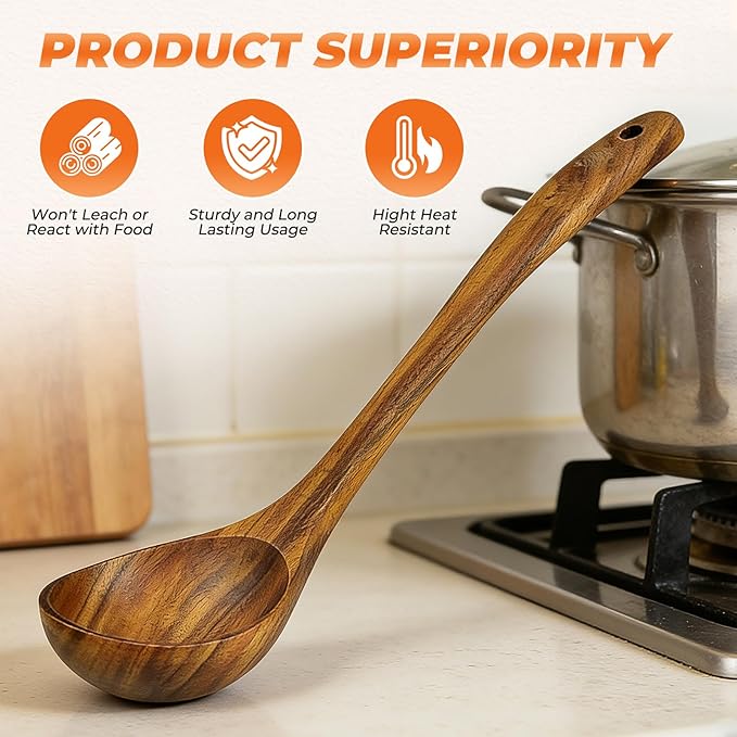 2Pcs Wooden Ladle and Spatula, Natural Acacia Long Handle, Large Capacity - Image 7