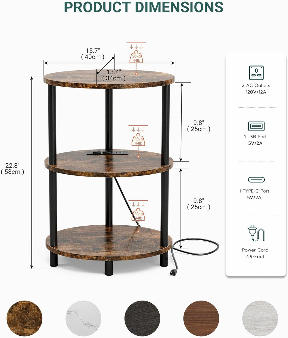 Small Round Side Table - 3-Tier Oval Accent Table for Small Spaces, Rustic Wo...