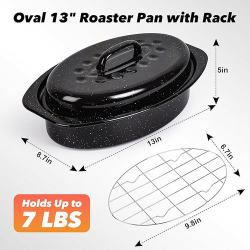 13” Roaster Pan with Lid and Rack, Small Enamel Roaster Pan with Oval Roasting - Image 2