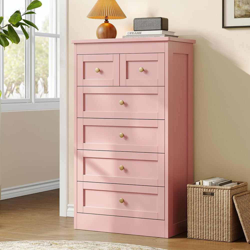 wanan Tall 6 Drawer Dresser for Bedroom, Pink Modern 43.3'' Tall Wood...