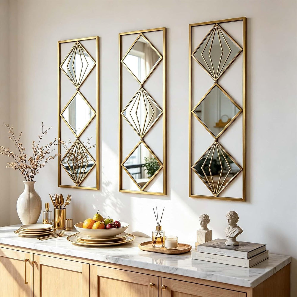 Set of 3 Gold Wall Mirrors, Large Geometric Decorative Mirrors with Metal Fra...