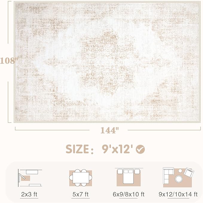 Area Rug 9x12 Vintage Rugs: Large Washable Living Room Rug Retro Medallion - Image 2