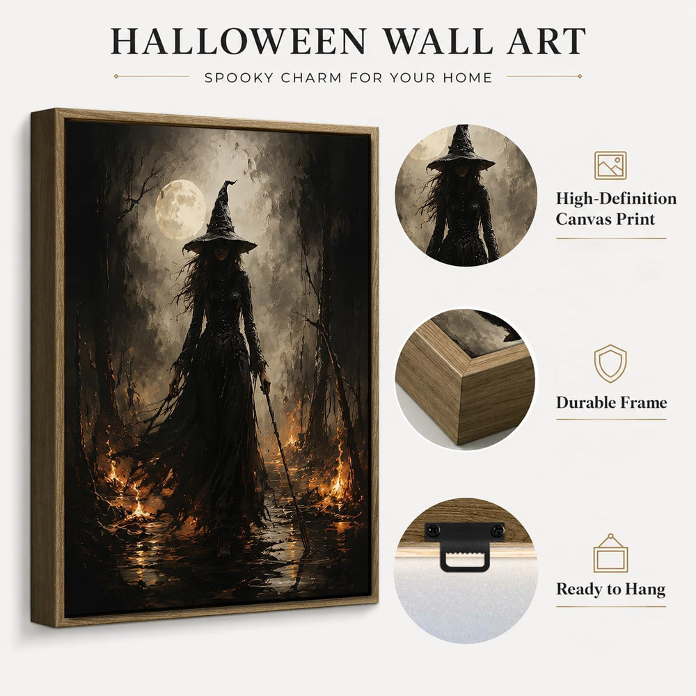 Halloween Framed Wall Art, Dark Witch in Moonlit Forest Halloween Pictures
