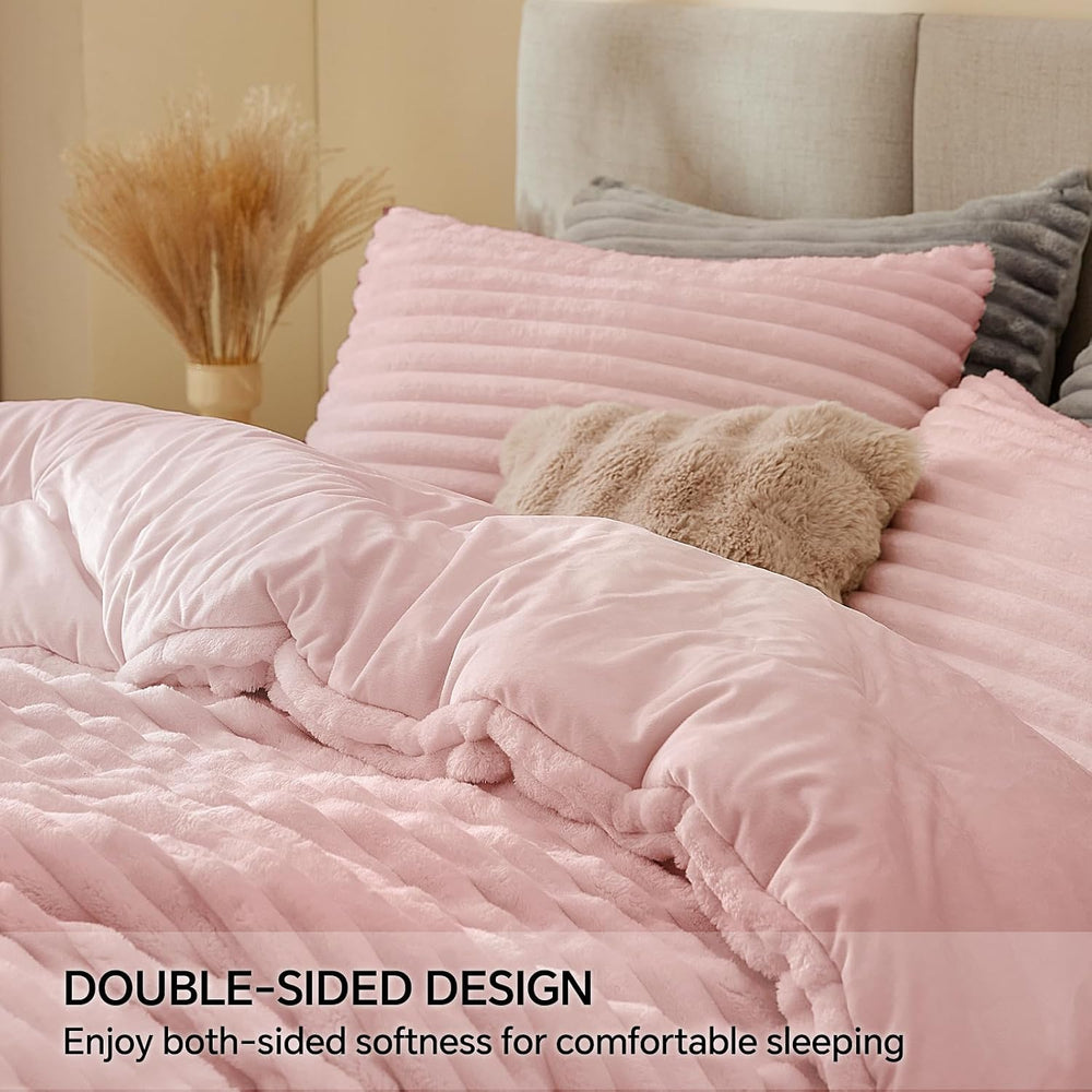 BEDELITE Fleece Queen Comforter Set, Fluffy Bed Set, Pink