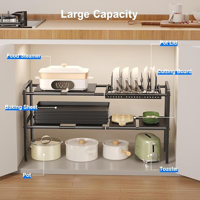 Mustorn Pots and Pans Organizer Under Cabinet, Expandable 2 Tier Under Sink - Image 4