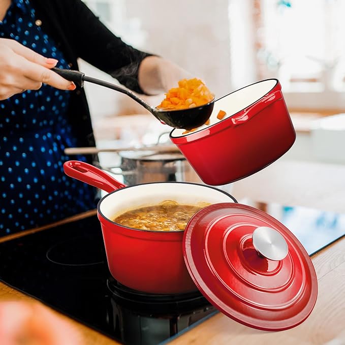 Enameled Cast Iron Sauce Pan, Leonyo 1 Qt & 2 Qt Saucepan Set, Cast Iron Dutch - Image 9