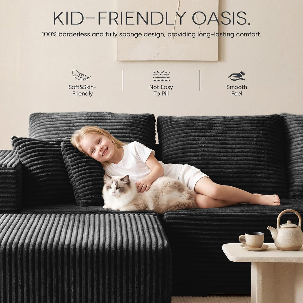 95" Black Corduroy Boneless Modular Sectional Sofa, Cloud-Louch Deep Sea...