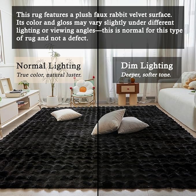 Black Rabbit Plush Rug 6'x9', Fluffy Faux Fur Shaggy Area Rug - Image 3
