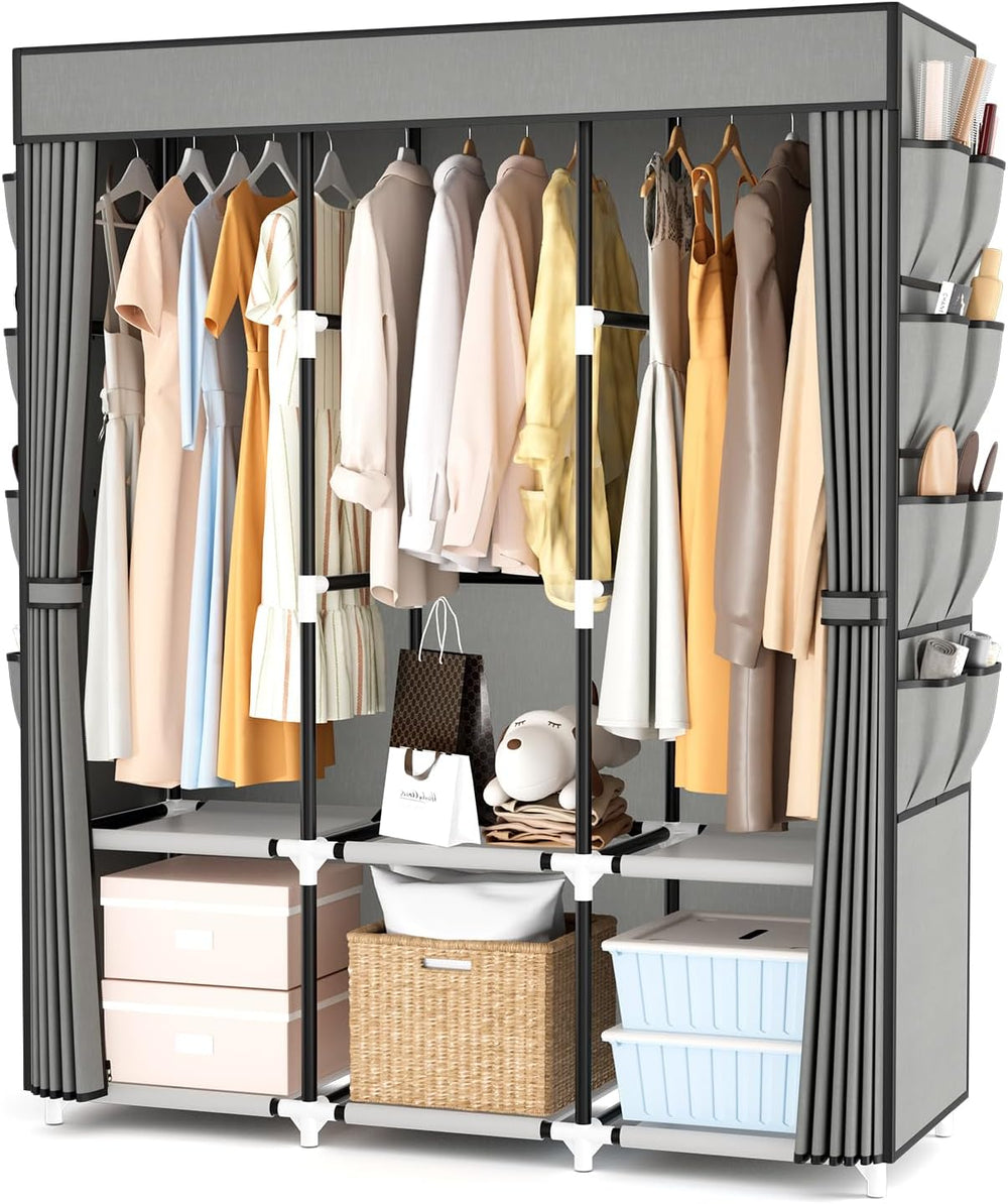 Portable Closet with Cover, 3 Hanging Rods and Side Pocket, Sturdy Free Stand...
