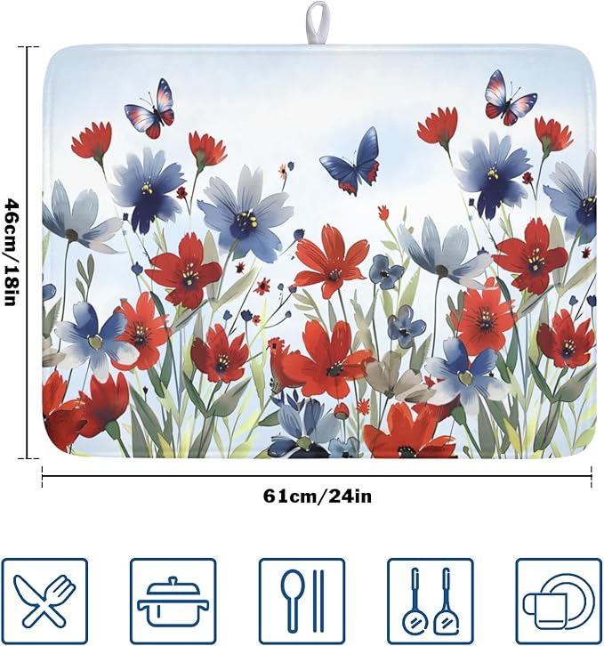 4th of July Dish Drying Mat for Kitchen Counter 18 x 24 Inch Patriotic Floral - Image 2