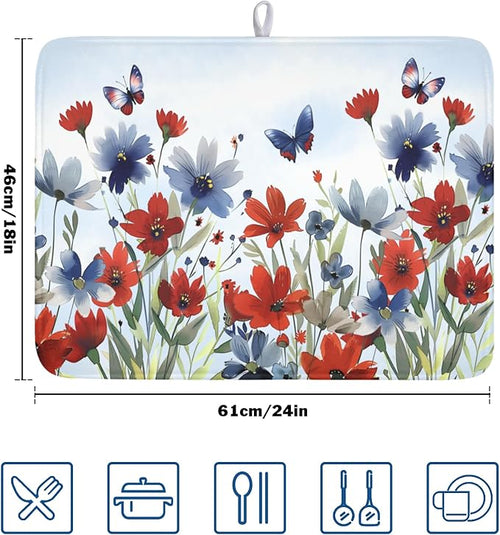 4th of July Dish Drying Mat for Kitchen Counter 18 x 24 Inch Patriotic Floral - Image 2