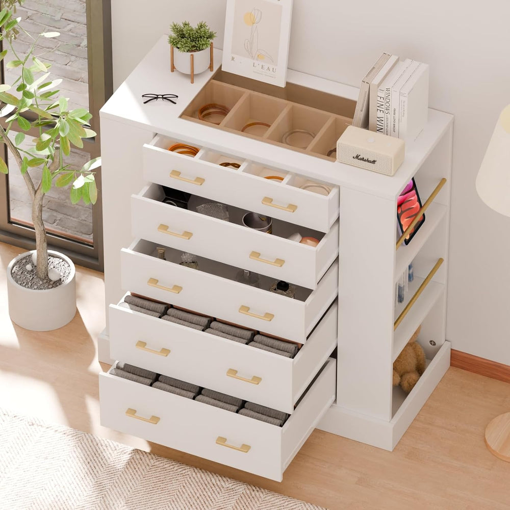 Closet Island with Glass Top, LED Lights and Open Shelves, White