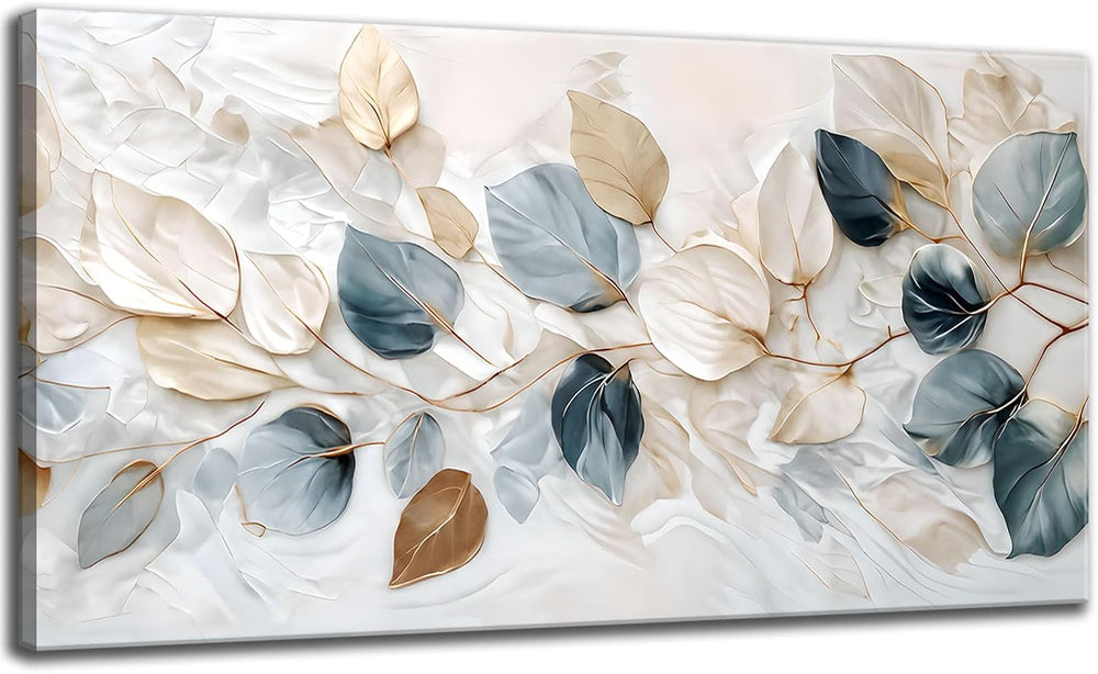 Large Living Eucalyptus Leaf Canvas Wall Art Teal White Botanical Abstract De...