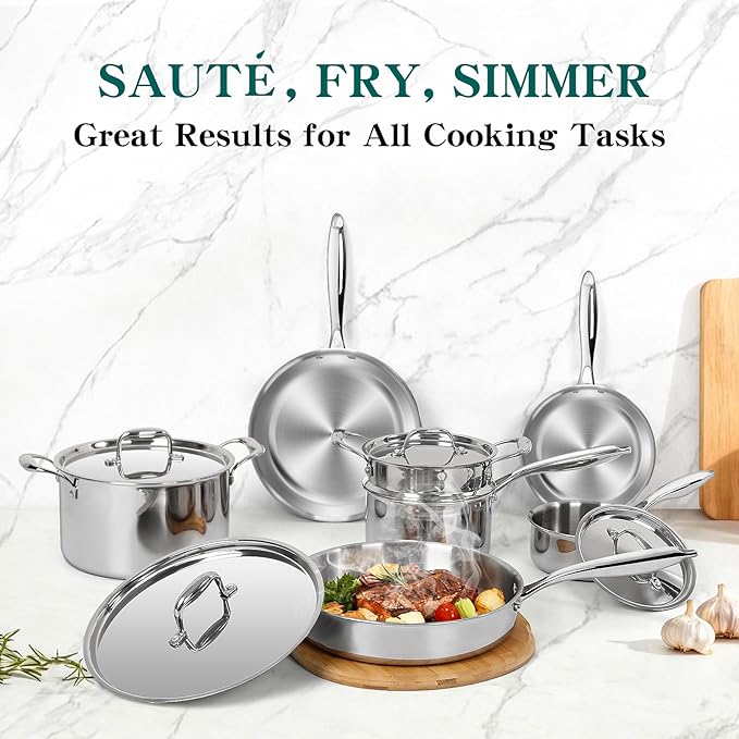 EWFEN Pots and Pans Set, 3 Ply 11 Piece Stainless Steel Cookware Set, Oven