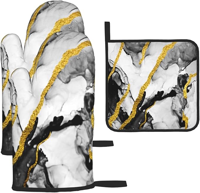 Black White Marble with Gold Stripes Oven Mitts and Pot Holders Set of 3 by Unknown