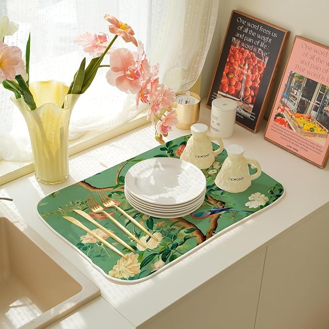Chinoiserie Dish Drying Mat 18 x 24 Inch Vintage Green Bird Floral Drying Mat - Image 4
