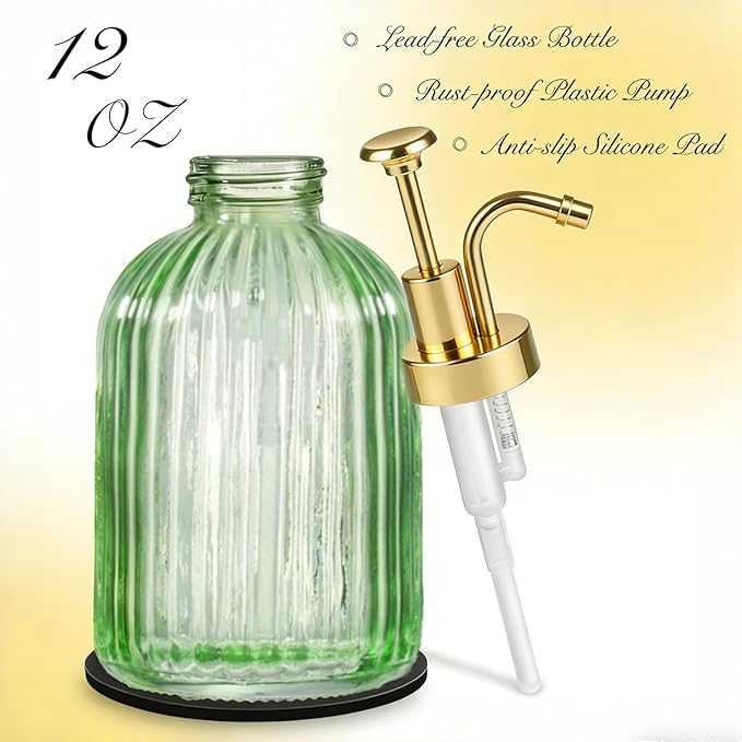 SheeChung Green Glass Soap Dispenser, 12 Oz Liquid Hand Soap Dispenser - Image 2