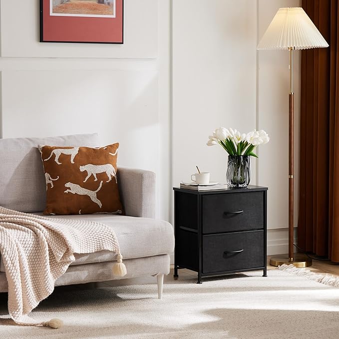 DUMOS Nightstand Small Dresser with 2 Fabric Drawers, Side Tables Bedroom End Table Bedside Storage Furniture for 20 inch Tall Night Stand for Entryway, College Dorm, Matte Black 2 Pack