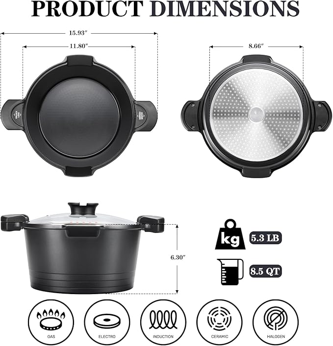 8.5qt Pasta Pot with Strainer Lid, Cast Aluminum Stockpot Multipot, Nonstick - Image 6