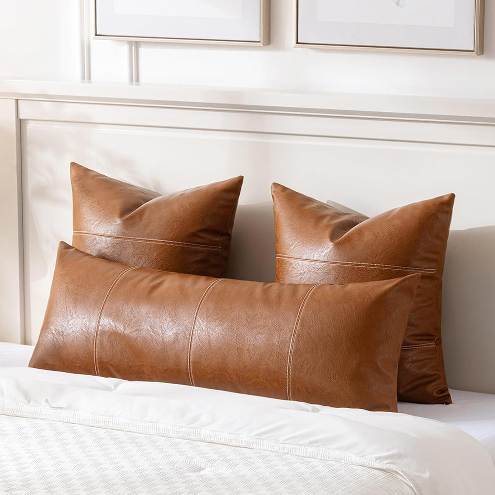Fancy Homi Brown Boho Long Lumbar Faux Leather Body Decorative Throw Pillow C...
