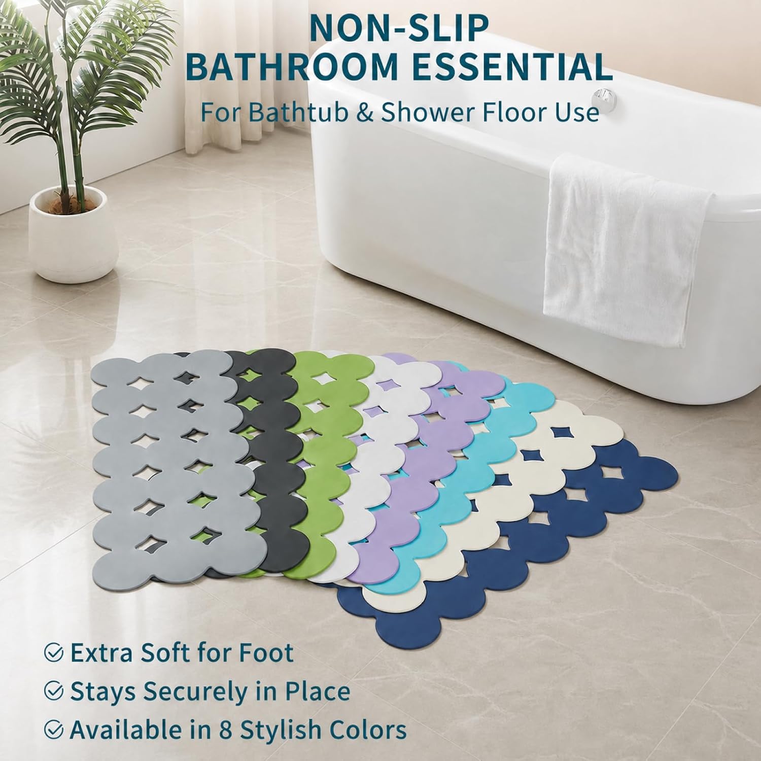 Webos Bathtub Mat Non Slip: Extra Long Rubber Bath Mat for Tub with Strong Suction Cups 15.4" x 37.8" Anti Slip Shower Mat, Big Drain Holes Bathroom Mats for Tub & Shower, Circle-White