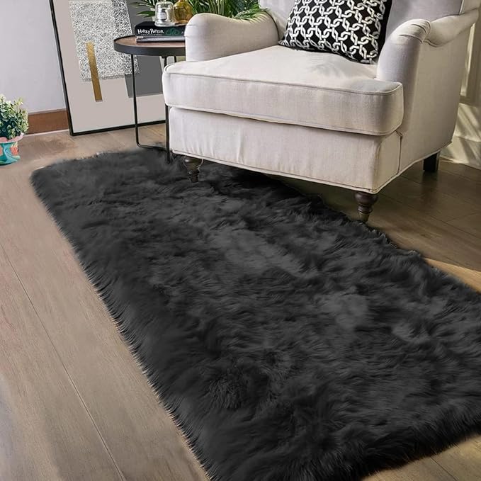 Latepis Black Runner 2x5 Washable Rug Faux Sheepskin Bedroom Rug Soft Fluffy - Image 7