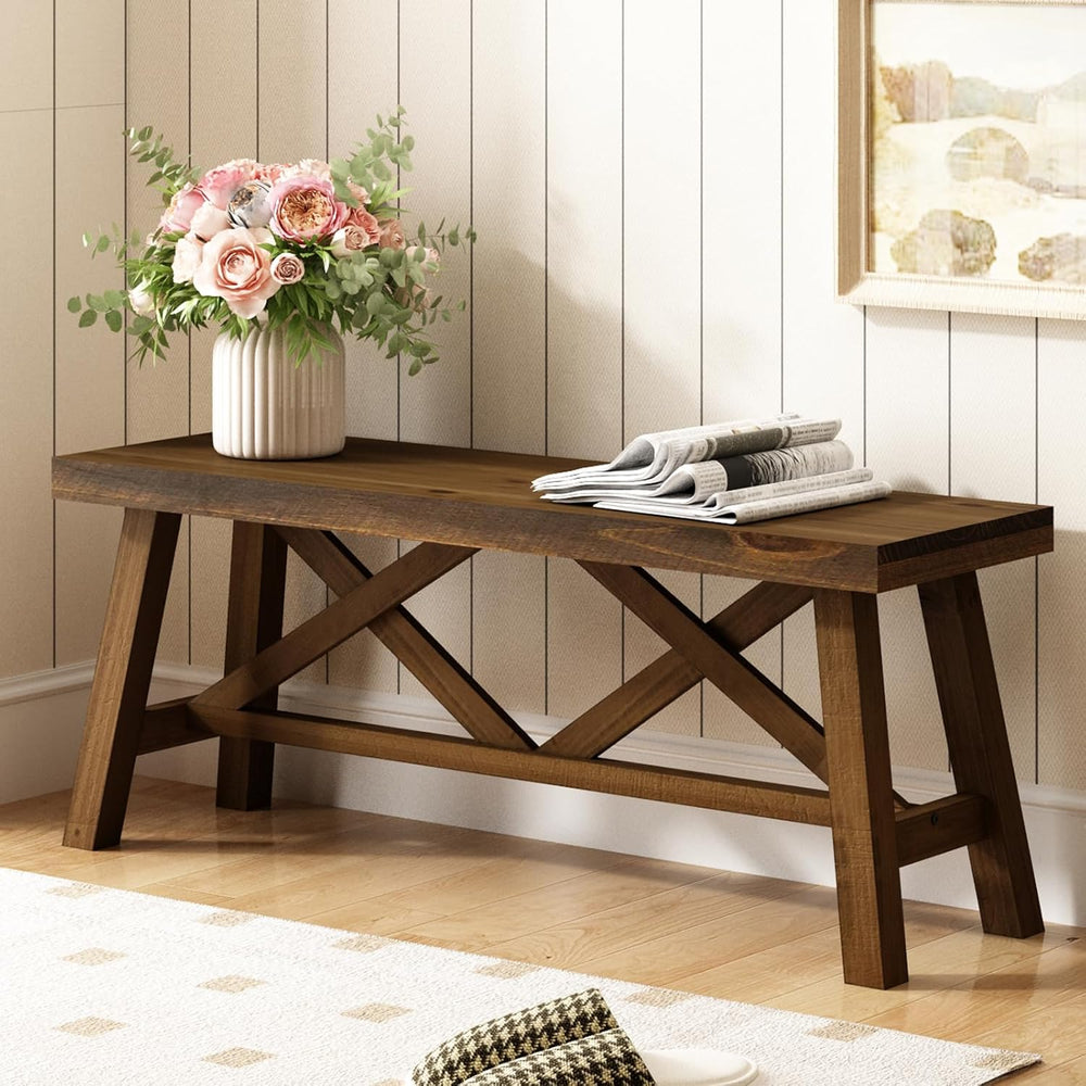 Wnutrees 43" Farmhouse Solid Wood Bench, Rustic Entryway Bench, Natural