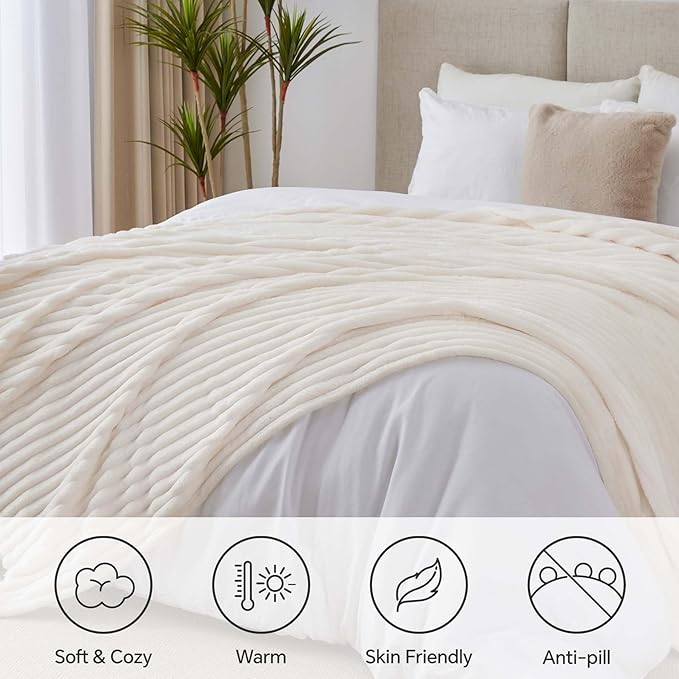 BEDELITE Full Size Blanket for Bed, 300GSM Soft & Warm Fleece Cream White - Image 7