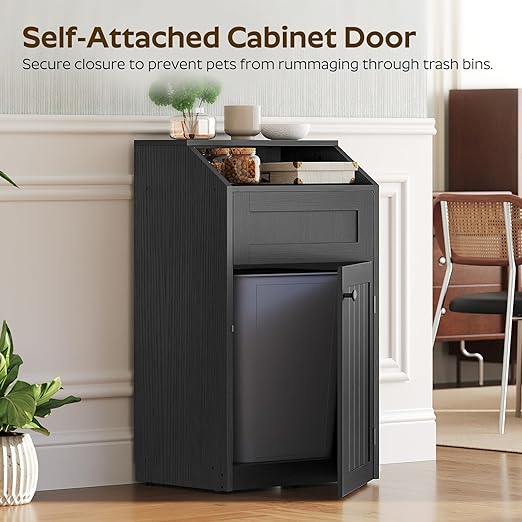 YATINEY Trash Cabinet, Freestanding Trash Can Cabinet, Wooden Recycling - Image 7