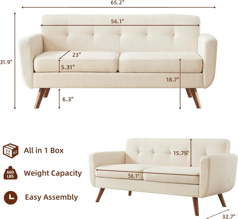 Tbfit 65" W Loveseat Sofa, Mid Century Modern Decor Love Seat Couches fo...