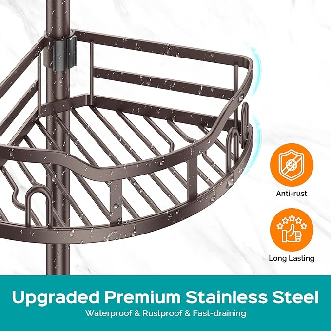 HAMITOR Corner Shower Caddy Tension Pole: Rustproof Stable 4-Tier Bathroom