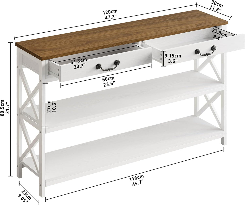 IRONCK 47.2" Farmhouse Console Table, Sofa Table with 2 Drawer, White