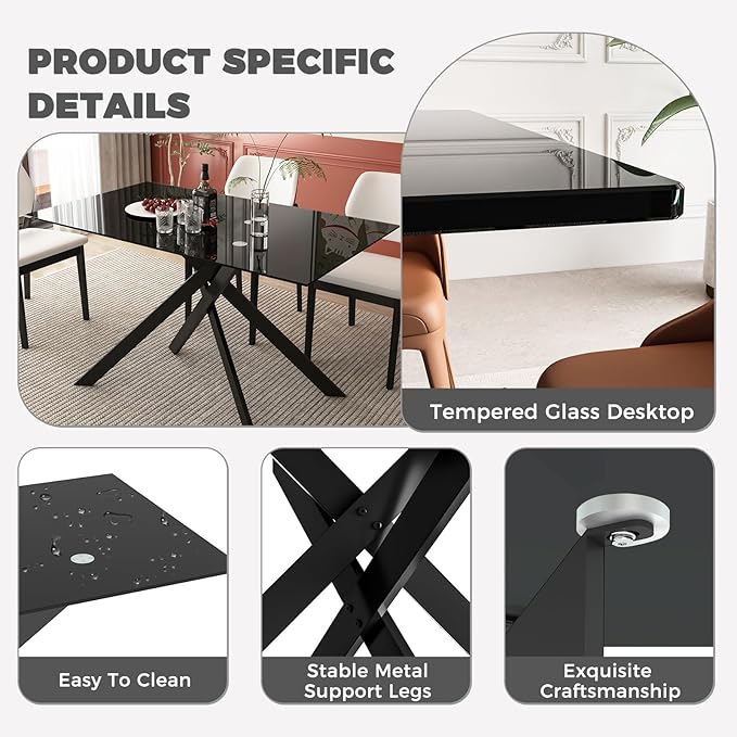 51 Inch Glass Dining Table Set for 4, Rectangular Glass Kitchen Table with 4 ...