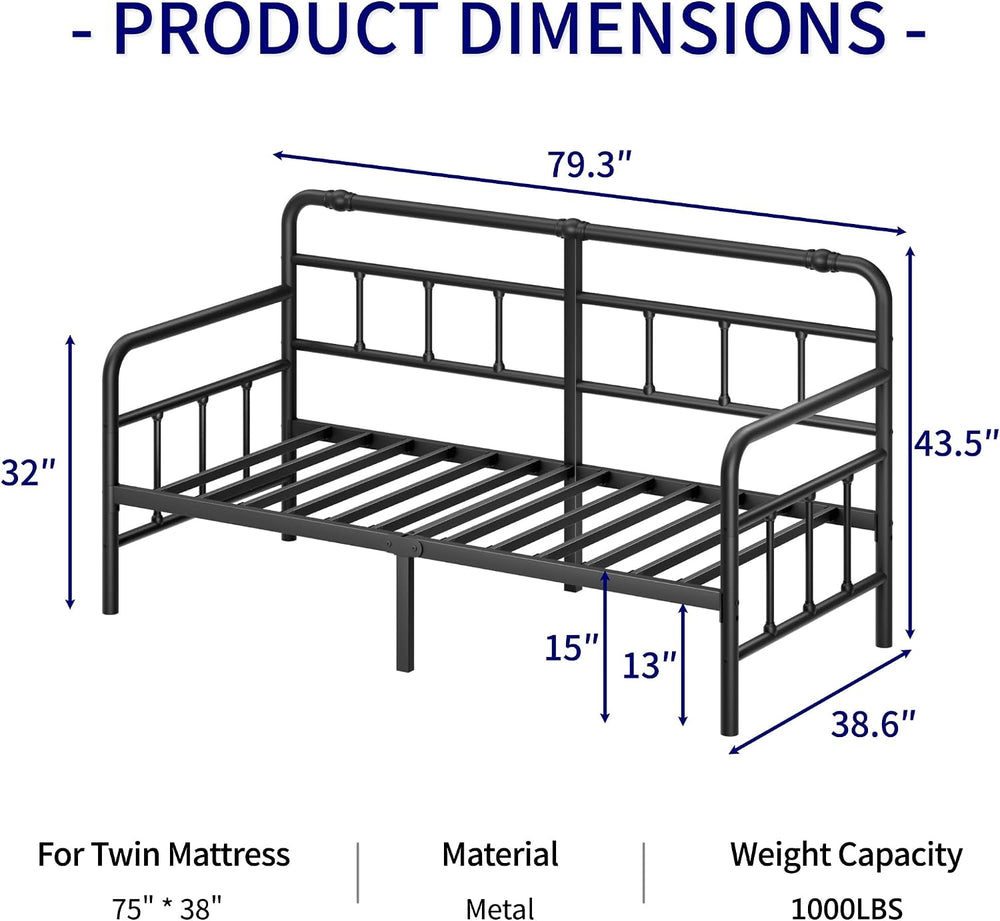 14 Inch Daybed Twin Metal Bed Frame with Headboard (Modern)
