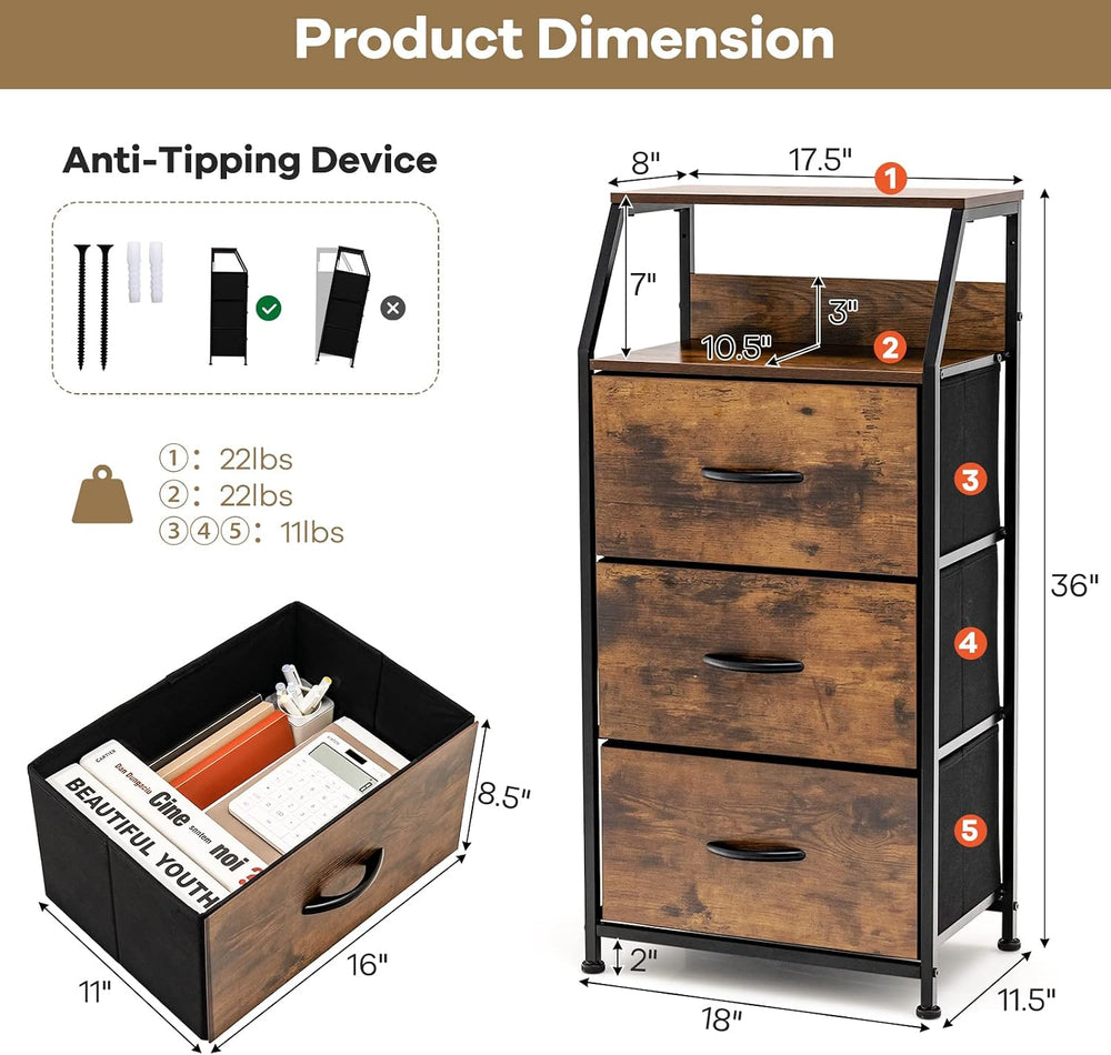 GIANTEX 3 Drawers Dresser, Storage Tower w/ 3 Foldable Fabric Drawers & O...