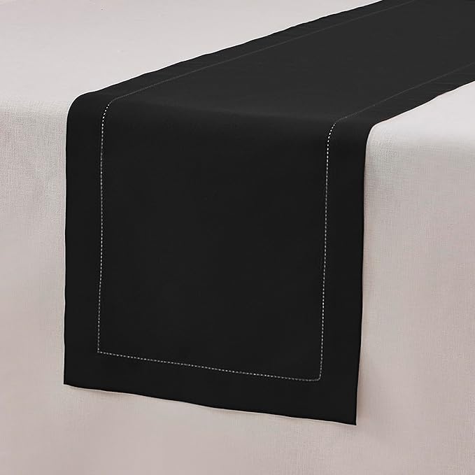 Black Table Runner 90 Inch–Cotton Linen Hemstitch Farmhouse Table Runner 14x9...