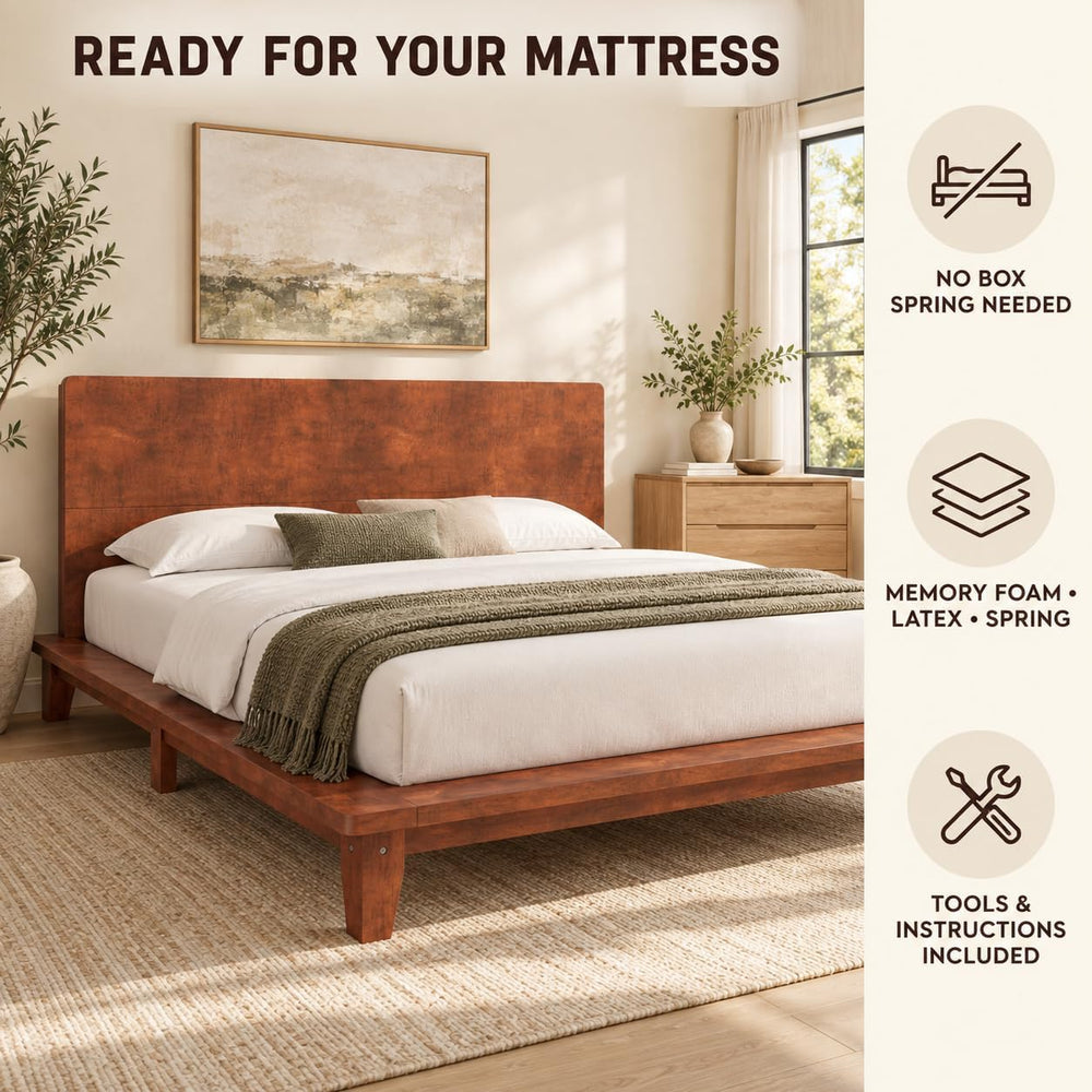 Queen Size Japanese Wooden Bed Frame with Brown Headboard