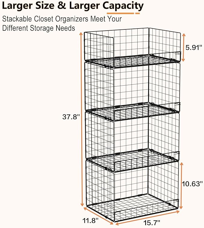 4 Tier Stackable Closet Organizers and Storage Shelves, Foldable Closet Shelf