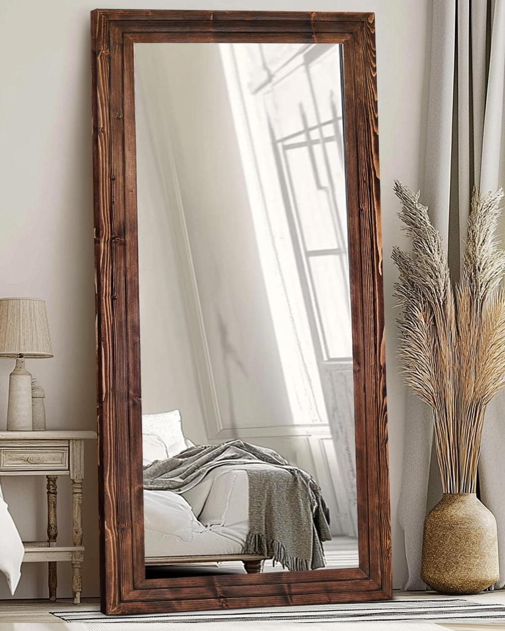 76x34in Full Length Mirror, 3-Tier Stepped Solid Wood Frame, Brown