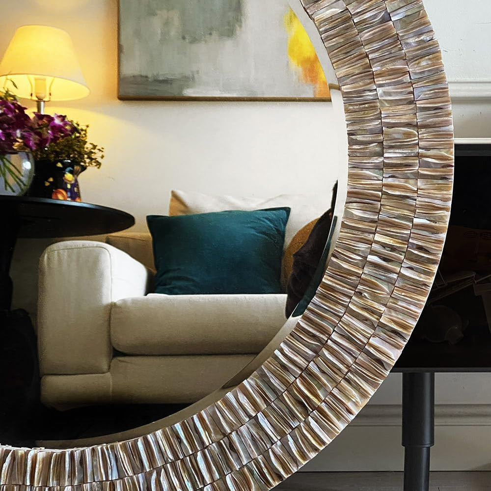 31.5" Round Capiz Shell Mirror Handmade Luxury Coastal Wall Decor