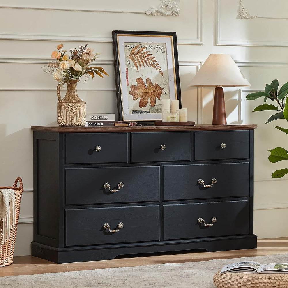 Farmhouse 7 Drawer Black Dresser for Bedroom